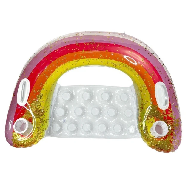 RAINBOW INFLATABLE POOL Float with 2 Cup Holders Glitter Sequin Pool ...