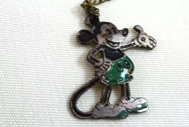 Early 1" Mickey Mouse Pendant & Chain Necklace Jewelry Old Enamel Walt Disney