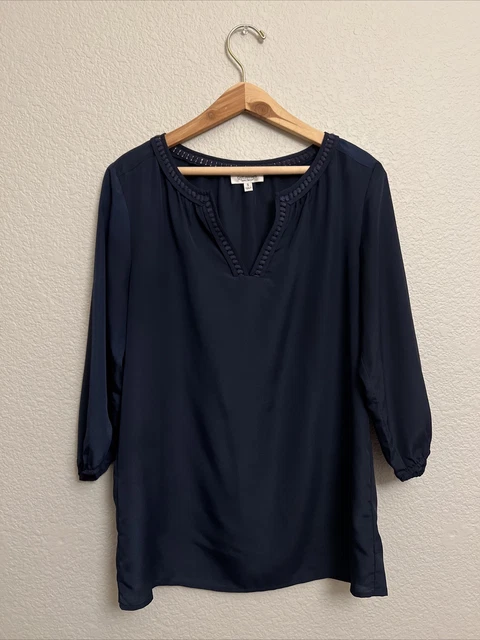 Samantha Brown Getaways Babydoll Top Navy Blue Tunic Crochet Boho Y2K Vacation S