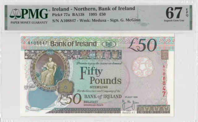 1995 NORTHERN IRELAND BELFAST 50 POUNDS ~Earlier Date~ "A" (( PMG 67 EPQ ))