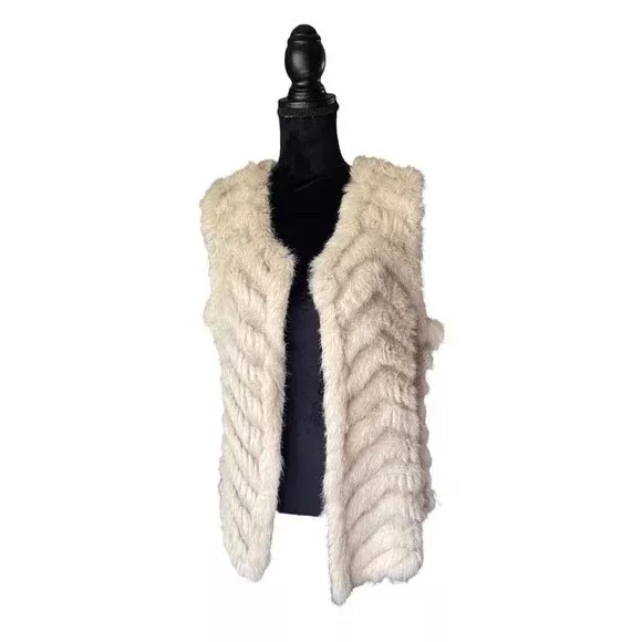 Metric Knits Fur Collection Womens Rabbit Fur Vest Ivory Chevron Open Front XL