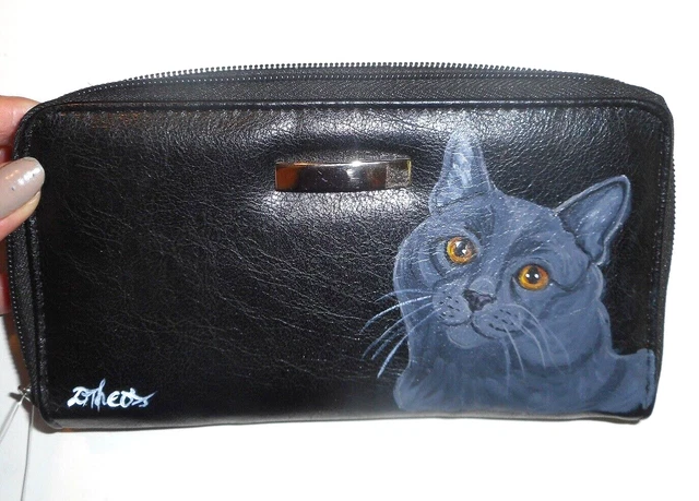 Chartreux Cat Hand Painted Wallet for Women Vegan Leather