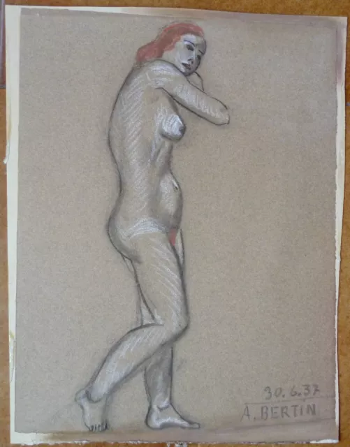 Vecchio Quadro A Carboncino E Biacca Firmato A. Bertin 1937 - Nudo Nudino