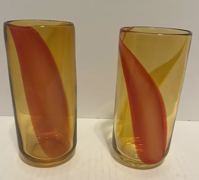 Vintage Mid-Century Hand Blown Glass Set Of Two Glasses Orange  Murano Beautiful