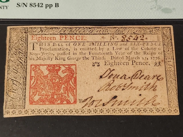18 Pence New Jersey Colonial 1776 NJ-176 PMG Choice UNC 63 -RARE!