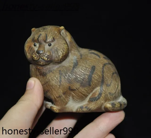 3.2'' Chinese Yixing zisha Pottery Hand carved wealth lucky Tiger statue Tea pet