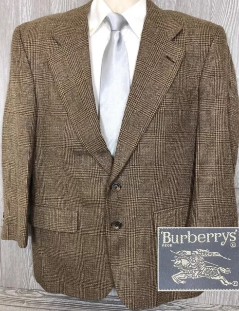 Vtg Bespoke Burberry Mens Brown Plaid Wool Sport Coat 40-42 Short FLAWS (t1)