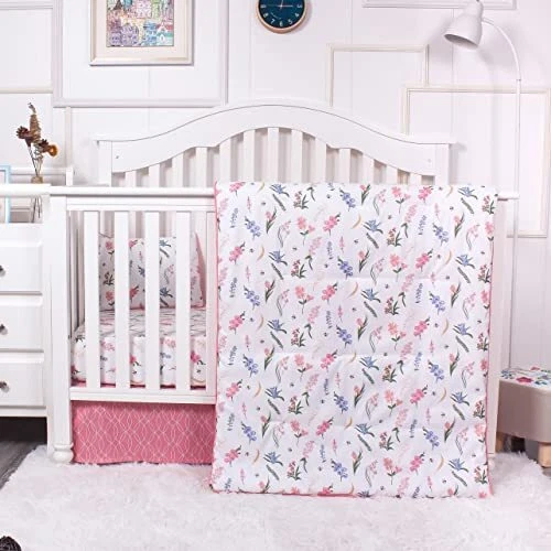 Baby Girl Crib Bedding Set, 4 Piece Baby Crib Set Girl, Flowers & Bees Baby