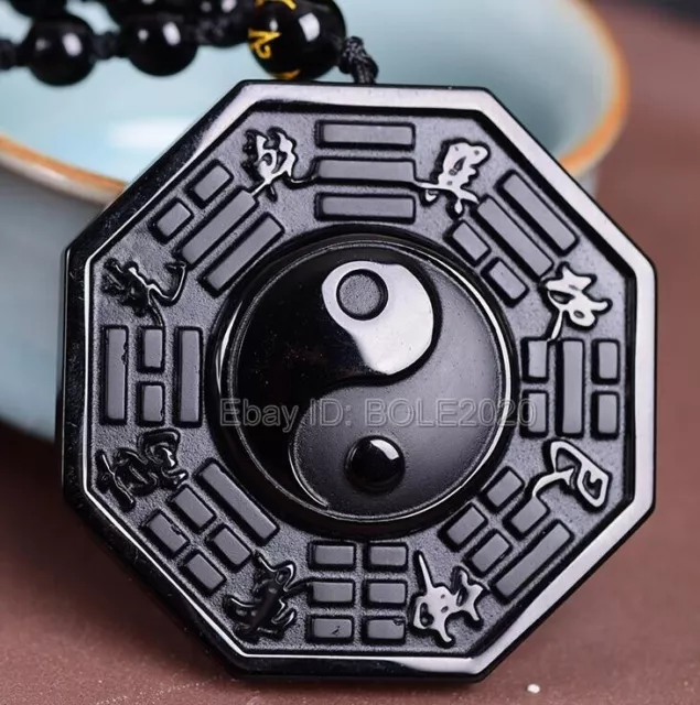 Natural Black Obsidian Carved Chinese Amulet BaGua Lucky Pendant Beads Necklace