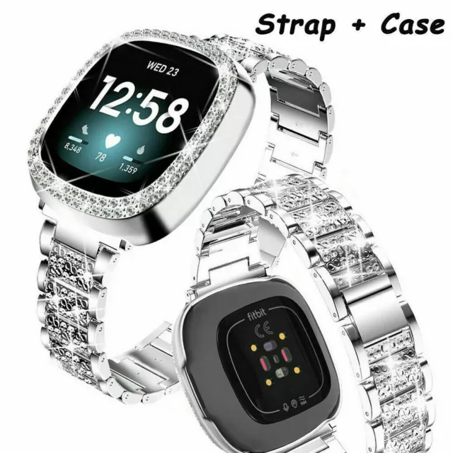 Bling Stainless Steel Watch Band+Diamond Case For Fitbit Versa 2/3/4 Sense 1/2