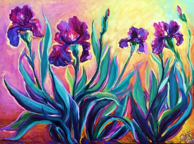 PURPLE IRISES ORIGINAL Oil Painting Wild Garden Spring Flowers ...