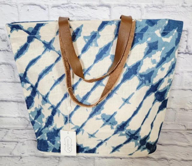 Mud Pie Jute Tie Dye Large Tote Bag Leather Straps Blue Cream Ivory Beach Travel