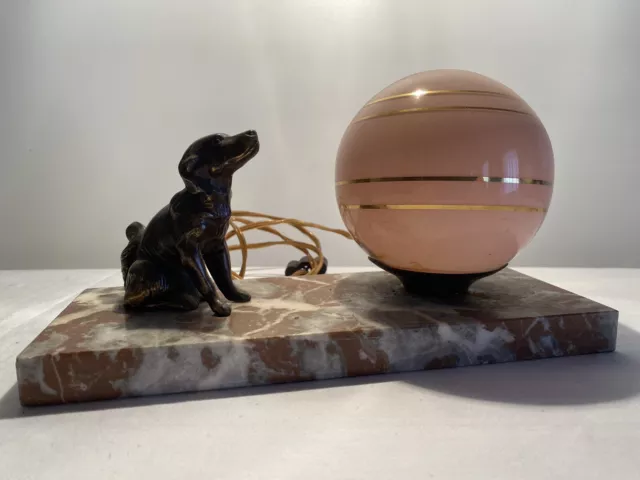 Beautiful French Antique Labrador Lamp With Glass Globe Art Deco Bronze Effect