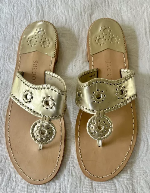 New Without Box Jack Rogers Flat Thong Flip Flop Gold Whipstitch Sandal Size 10