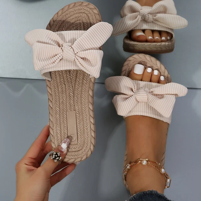 Leisure Roman Style Bow Tie Women's Solid Color Weave Pig Slippers for Women