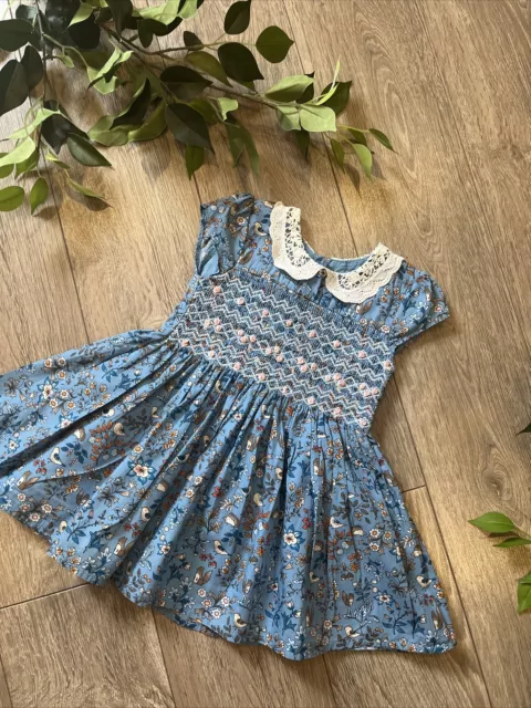 NEXT baby girl blue floral smocked collar party occasion dress 12-18