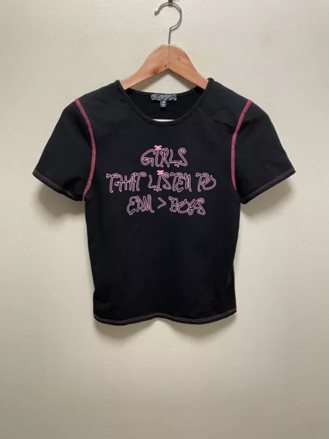 Womens Baby Tee Sz Large Black Pink Graphic Print Cropped Cyber Goth Grunge Y2K