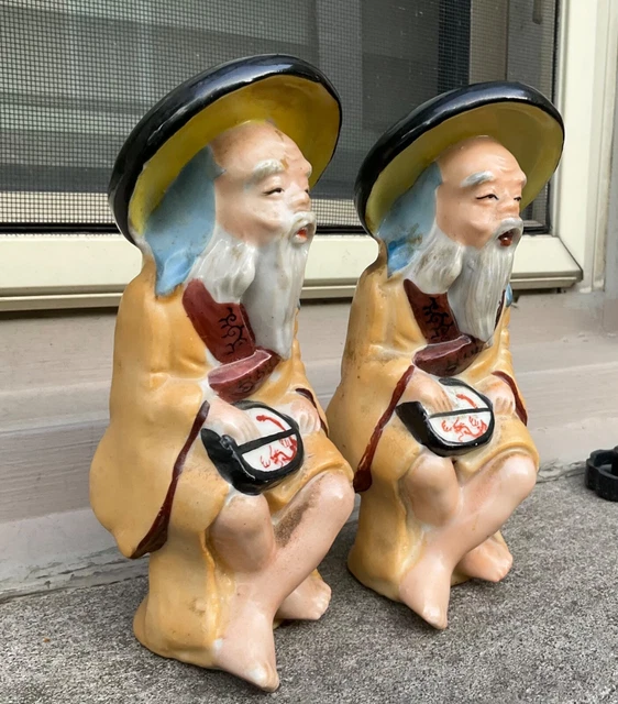 OCCUPIED JAPAN - TWO! Large Grandfather Figurines Musician Mandolin VINTAGE