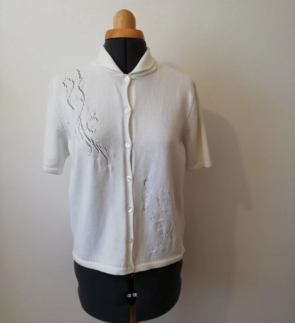 Cardigan vintage St Michael M&S bianco cotone manica corta lavorato a maglia colletto UK taglia 14
