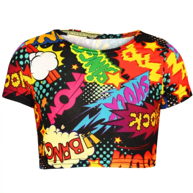 T-shirt top crop top per bambine Wow Bang Boom moda alla moda elegante 7-13 anni