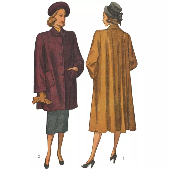 1940's Cucito Motivo: Alla Moda Cappotto Con Svasato Retro - Busto = 83.8cm