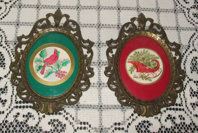 2 x SMALL VINTAGE BRASS-tone EMBOIDERED NEEDLECRAFTS Christmas theme 14cm Italy