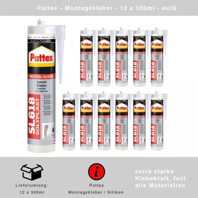 Pattex Pro SL618 silicona, pegamento de montaje, pegamento de espejo XLT - 12 x 300 ml - blanco