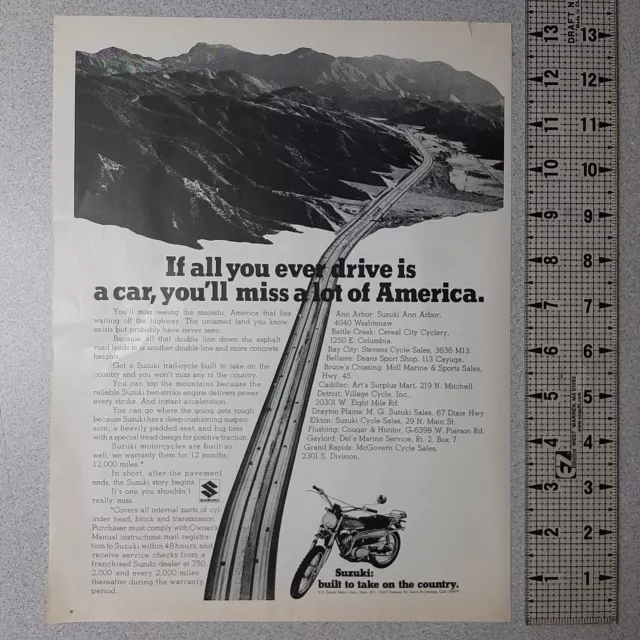 1970 Suzuki Vintage Print Ad Motorcycle Highway Mountains America Road Bike B&W