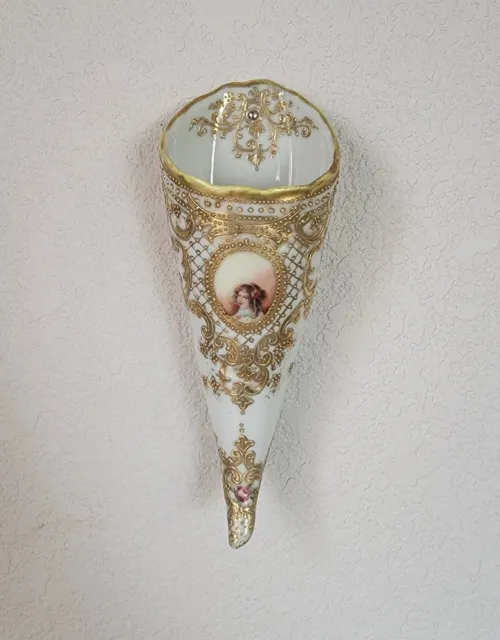 Victorian Portrait Nippon Hand Painted Wall Pocket Horn Vase Moriage Art Nouveau