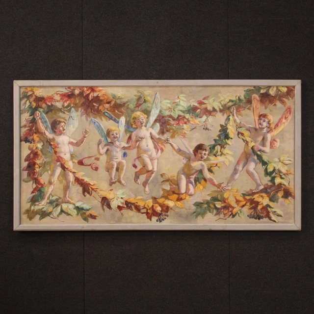 Cuadro naif pintura vintage oleo sobre lienzo marco estilo antiguo angeles 900