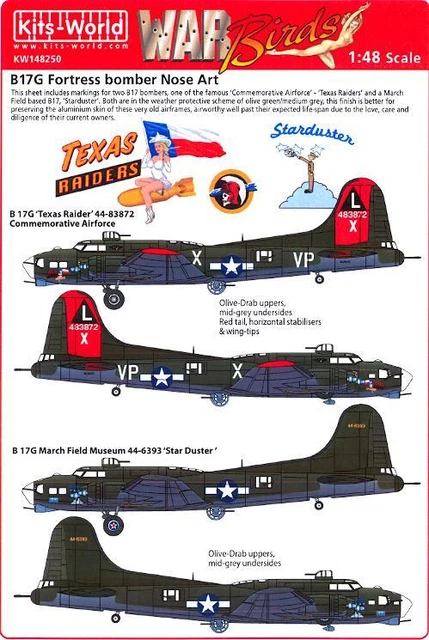 Kits World Decals 1/48 BOEING B-17G FLYING FORTRESS Texas Raiders & Starduster