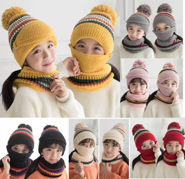 Mädchen Kinder Strick Vliesmütze Schal Kreis Schlumpf Kinder Winter Bommelmütze Schal Set