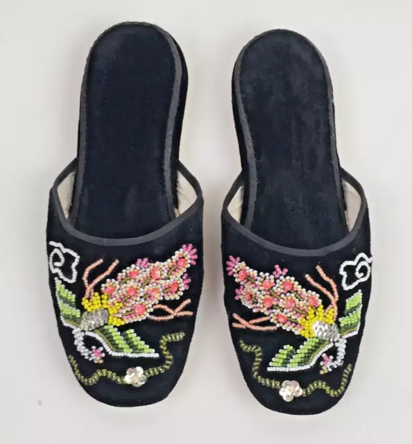 Vintage Beaded Embellished Black Velvet Slippers bird flats 3