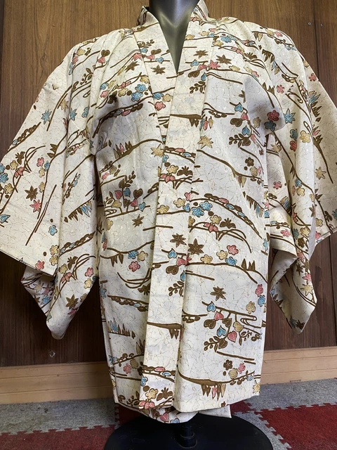 Japanese Kimono Coat Haori Urushi , Cream, Antique Modern, Colorful flower, Silk