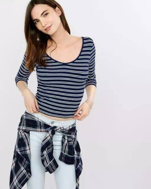 Express Small One Eleven Blue & White Striped Double Scoop Tee ribbed shirt top