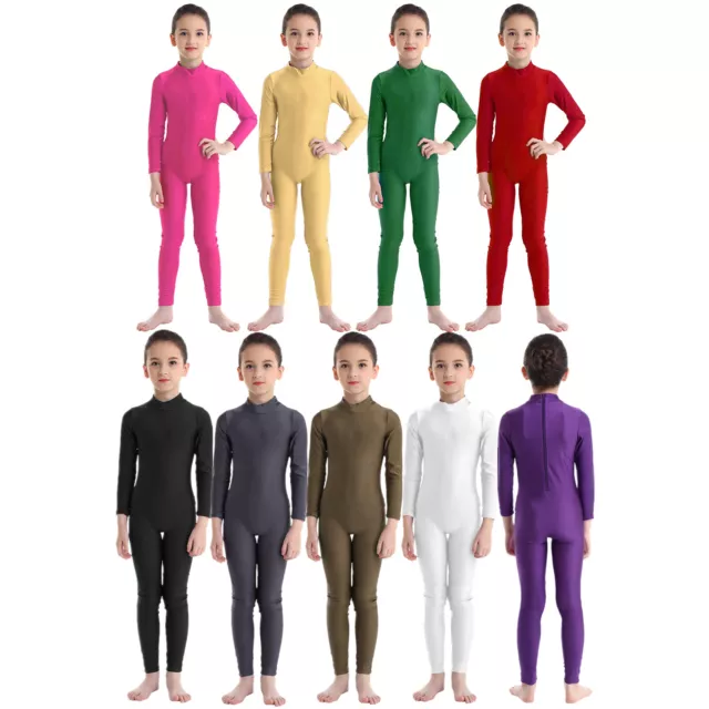 Kids Girls Long Sleeve Full Body Gymnastic Ballet Dance Unitard Stretch Bodysuit