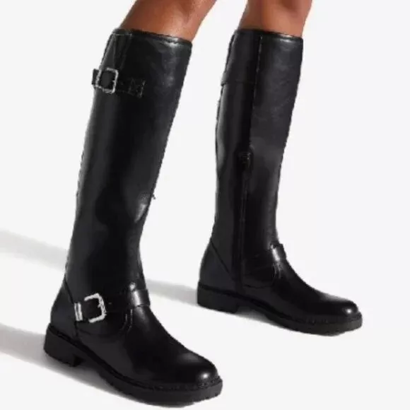 SHOE DAZZLE - Georginna Faux Leather Buckle Flat Knee High Boots