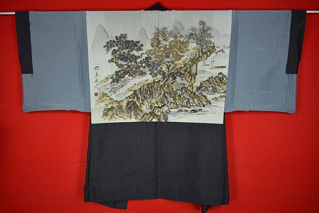 Vintage Japanese Kimono Silk Antique BORO Men's HAORI Kusakizome Woven/B243/545