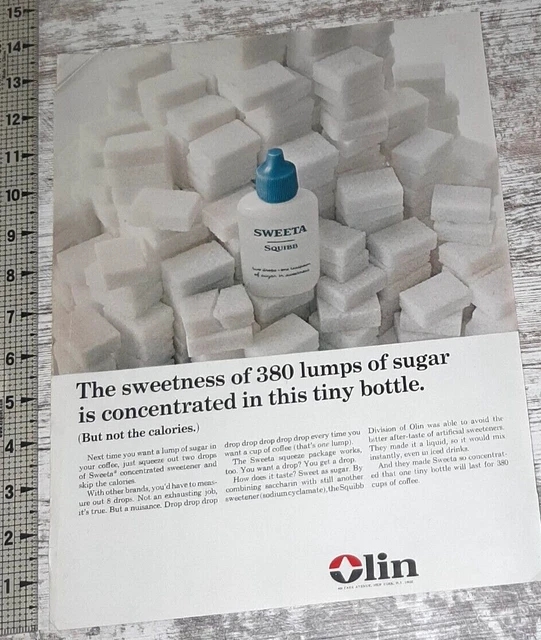1964 Sweeta Vintage Print Ad Artificial Sweetener Squibb Bottle Sugar Cubes Olin
