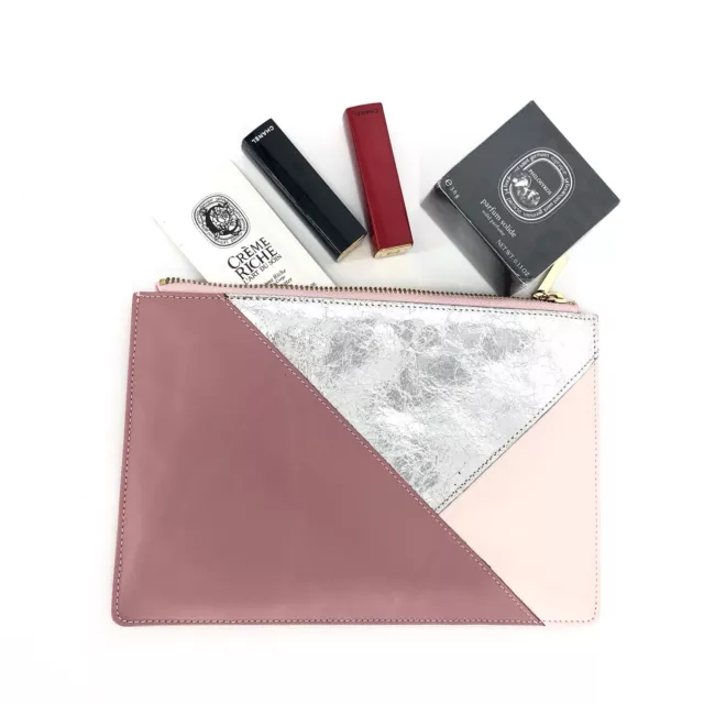 Whistles Leather Pink Small Mix Clutch Purse Cosmetics Case Zip Pouch Vianel NEW 2