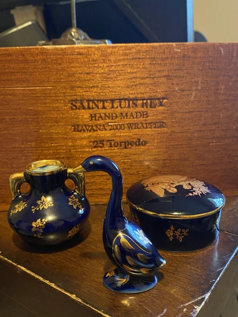 Vintage Limoges Lot- Trinket Box, Goose, Vase Cobalt Blue And 22k Gold