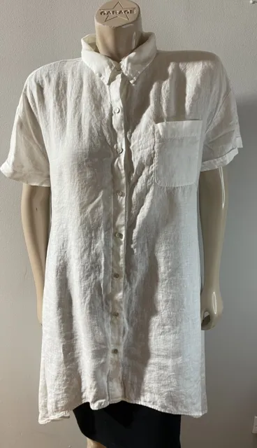 Eileen Fisher Irish Linen Button Up Tunic Shirt Size XL Red Roll Tab Long Sleeve