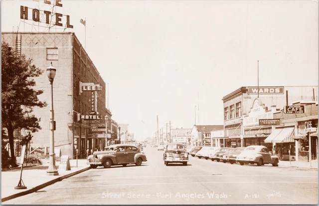 Port Angeles WA Street Scene Lee Hotel Holmer's Cafe RPPC Smith's Postcard E57