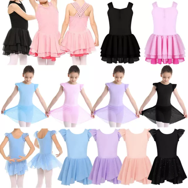 Girls Ballet Dance Dress Kids Gymnastics Fly Sleeve Leotard Tutu Skirt Dancewear