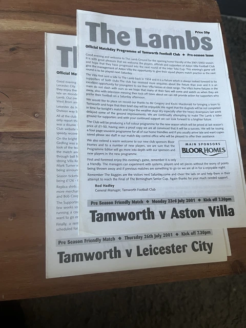 2 X TAMWORTH Home Pre-Season Friendly Match Football Programmes Season ...