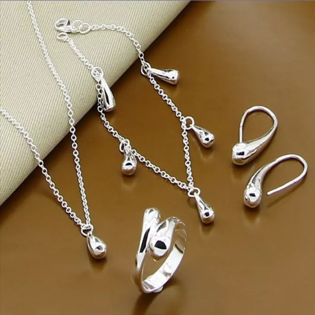 925 Sterling Silver Water Drop Bracelet Pendant Chain Necklace Earrings Ring Set