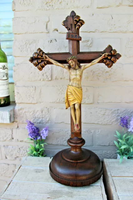 Antique French oak Wood carved polychrome christ crucifix religious rare