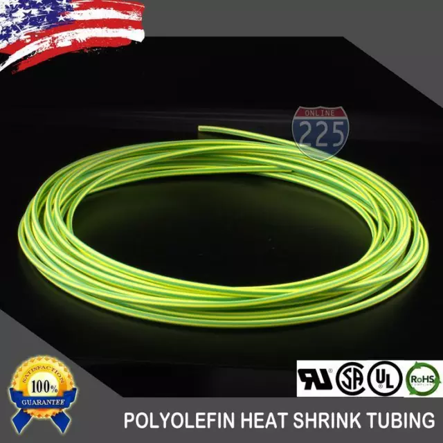 100 FT. 100' Feet GREEN & YELLOW 1/8" 3mm Polyolefin 2:1 Heat Shrink Tubing Tube