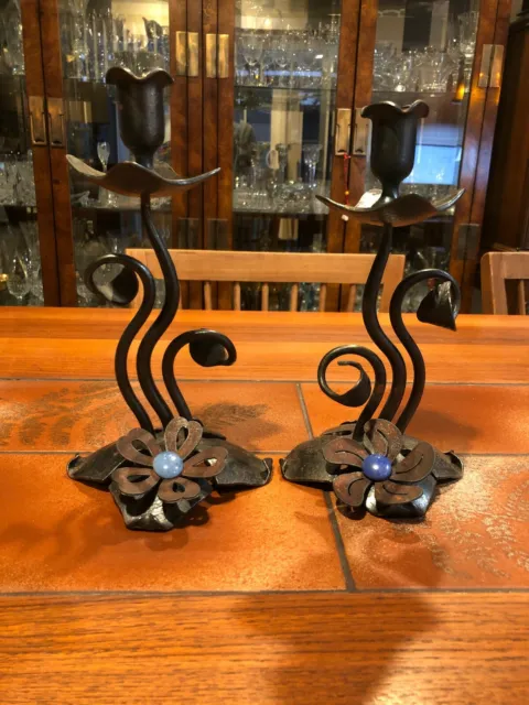 Vintage Pair of Hand Forged Wrought Iron Candlesticks Holders, 10" Tall, 4" Wide 2
