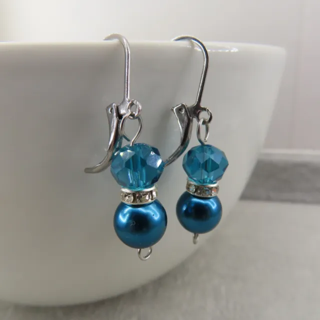 OCEAN BLUE Victorian Dangle Earrings Czech Glass Pearl Rhinestone Artisan